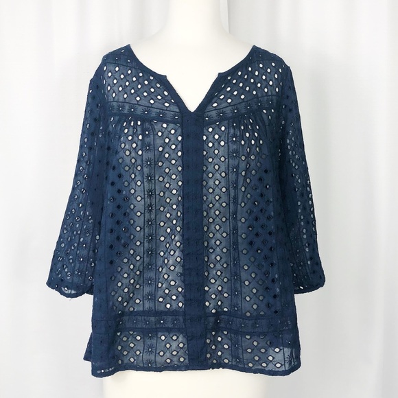 Lucky Brand Navy Eyelet Top L - Picture 2 of 7